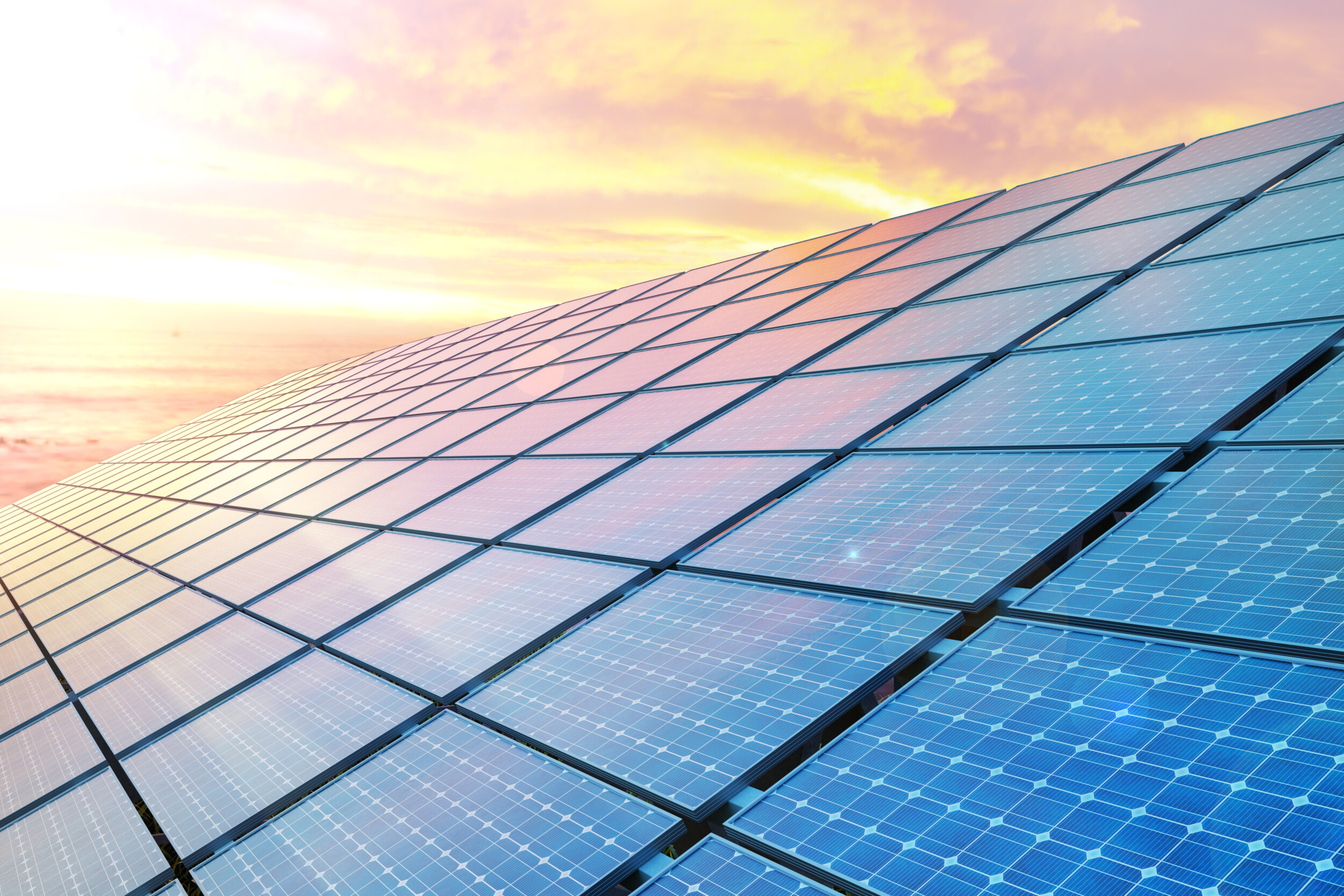 colse up solar panels on sunset. 3d illustration